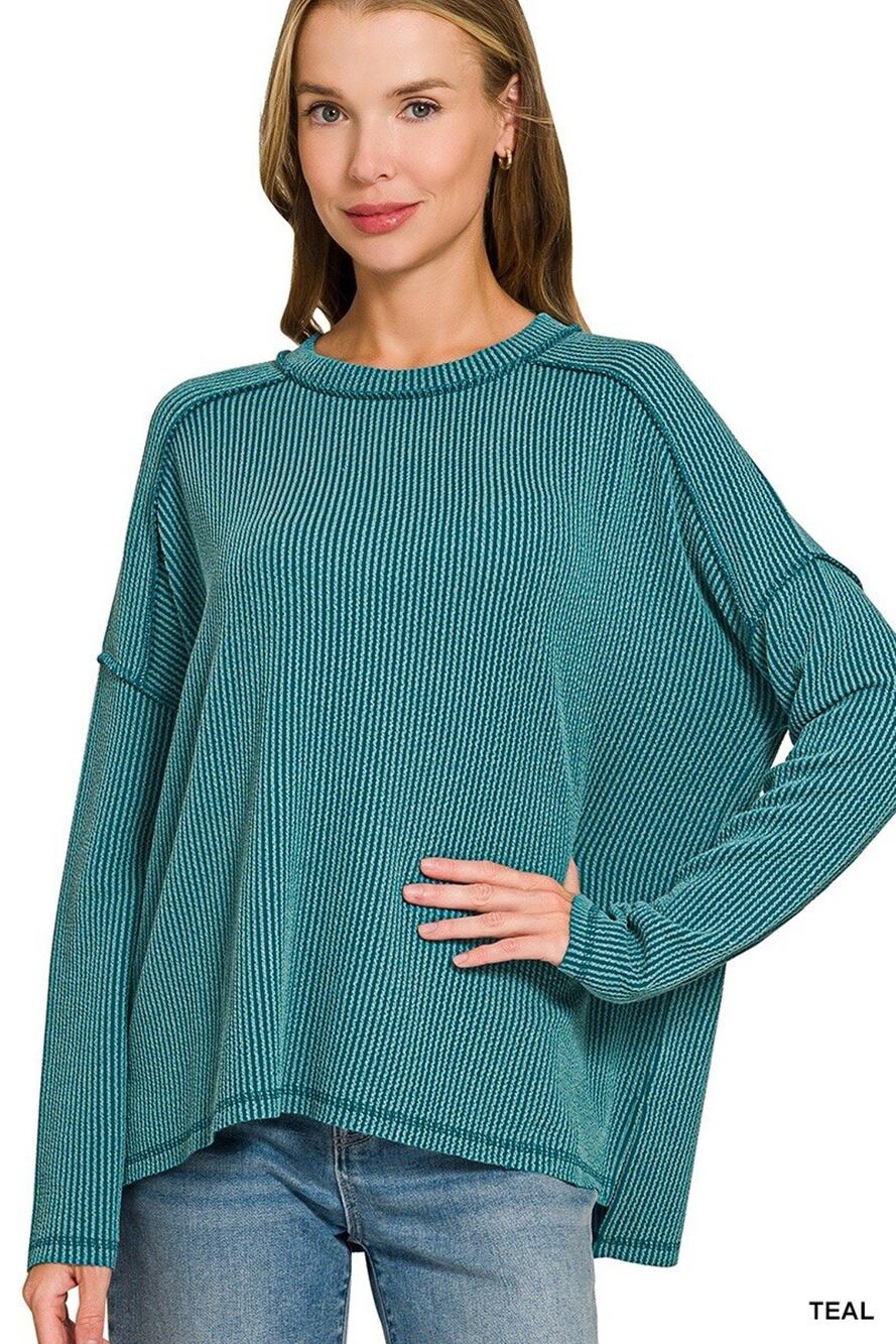 ZENANA RAISED RIB RAW EDGE BOAT NECK LONG SLEEVE TOP